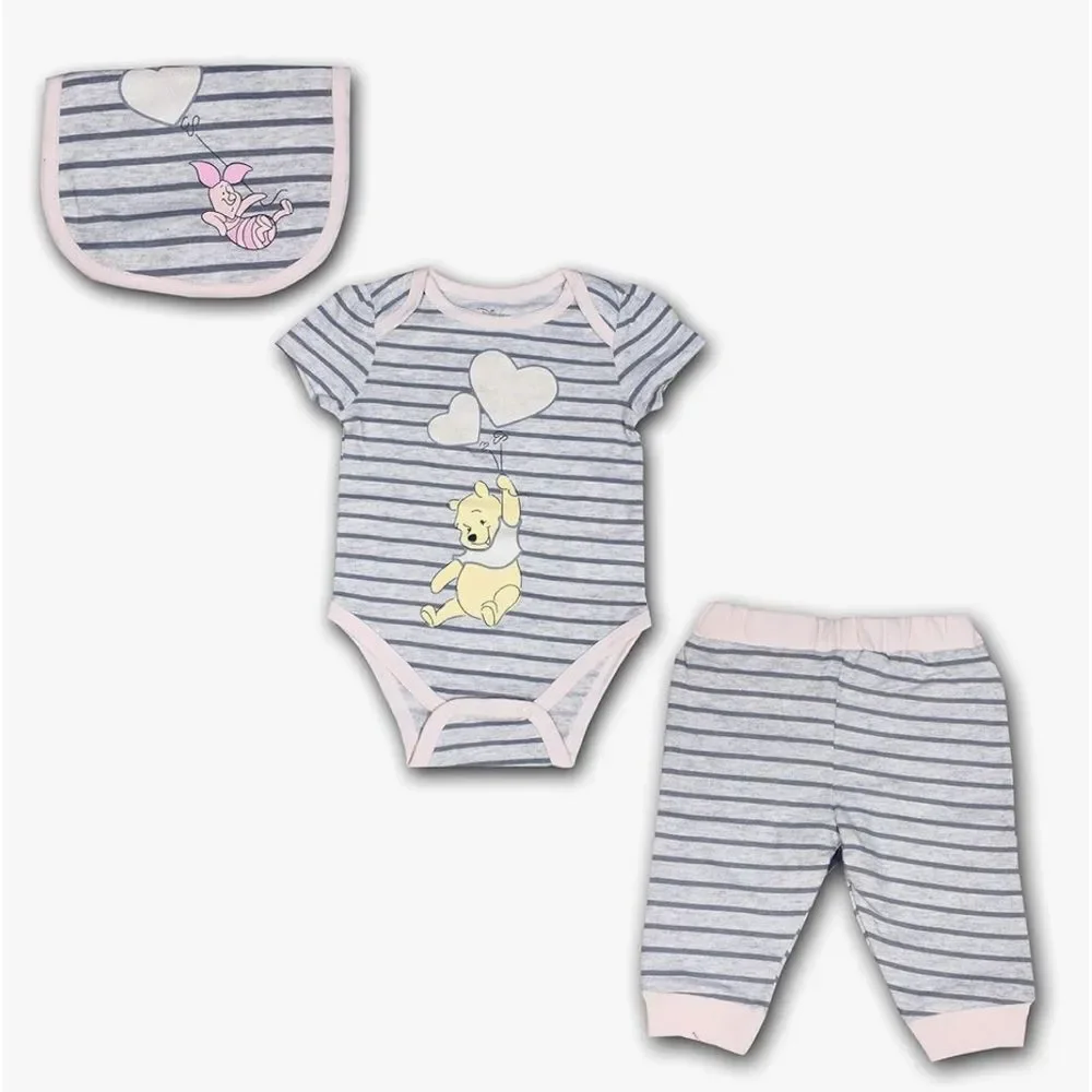 Disney Winnie the Pooh Girls’ Bodysuit, Jogger and Bib Set for Newborn – Grey